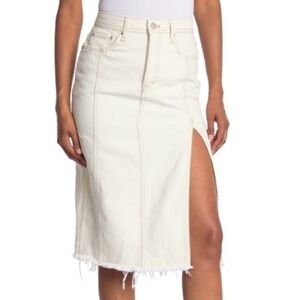 Free People Mambo Slit Denim Midi Skirt white wash jean frayed hem Sz 25